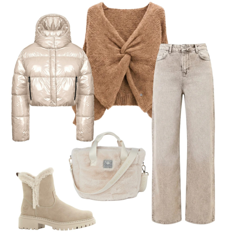 Outfit donna - Inverno ghiaccio. Stile Glamour per Tutti i giorni. Abbinamento con stivaletti, maglieria, jeans dritti, borse tote, piumini.
