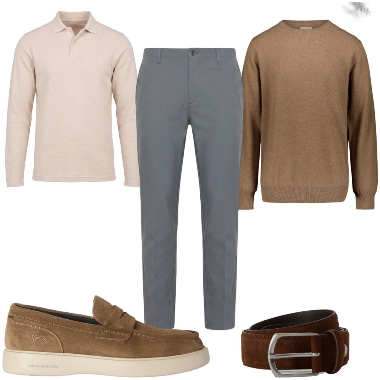 Outfit uomo - Toni neutri e terracotta in ufficio. Stile Casual per Ufficio. Abbinamento con scarpe stringate, cinture, pantaloni, polo, pullovers.