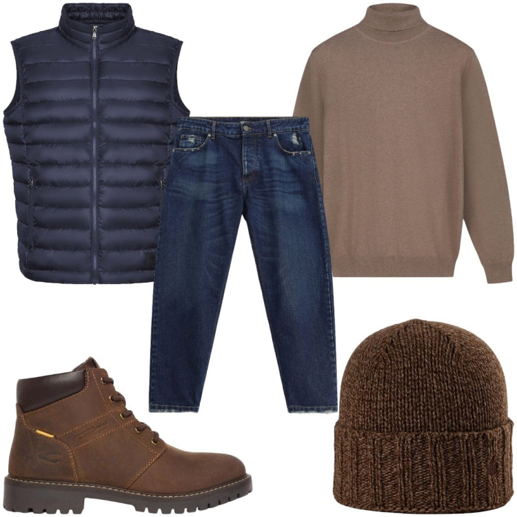 Outfit uomo - Weekend autunnale nel bosco. Stile Trendy per Tutti i giorni. Abbinamento con jeans, pullovers, piumini, berretti, stivali e stivaletti.