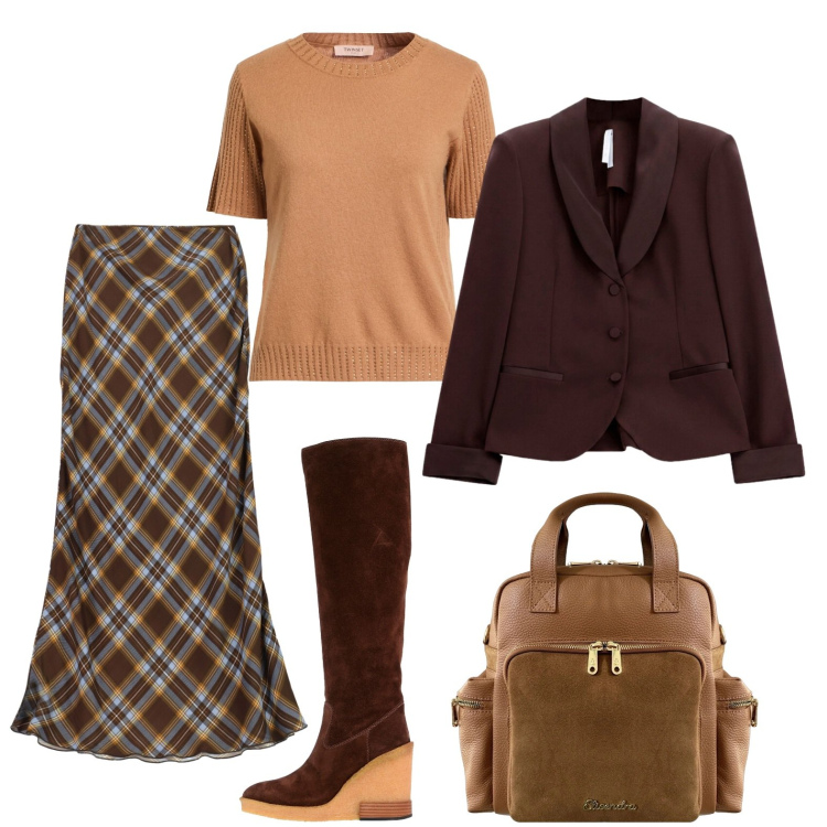 Outfit donna - Gonna lunga e stivali con la zeppa. Stile Casual chic per Ufficio. Abbinamento con stivali, pullovers, blazer, gonne lunghe, zaini.