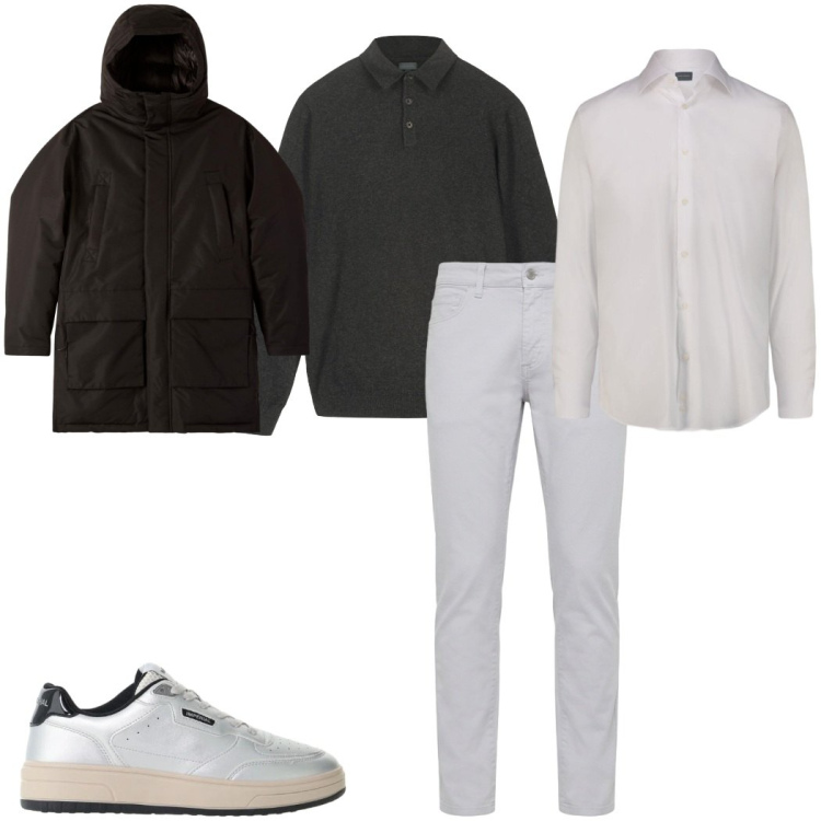 Outfit uomo - Layering urbano leggero. Stile Casual per Tutti i giorni. Abbinamento con pantaloni, sneakers, maglieria, camicie, parka.