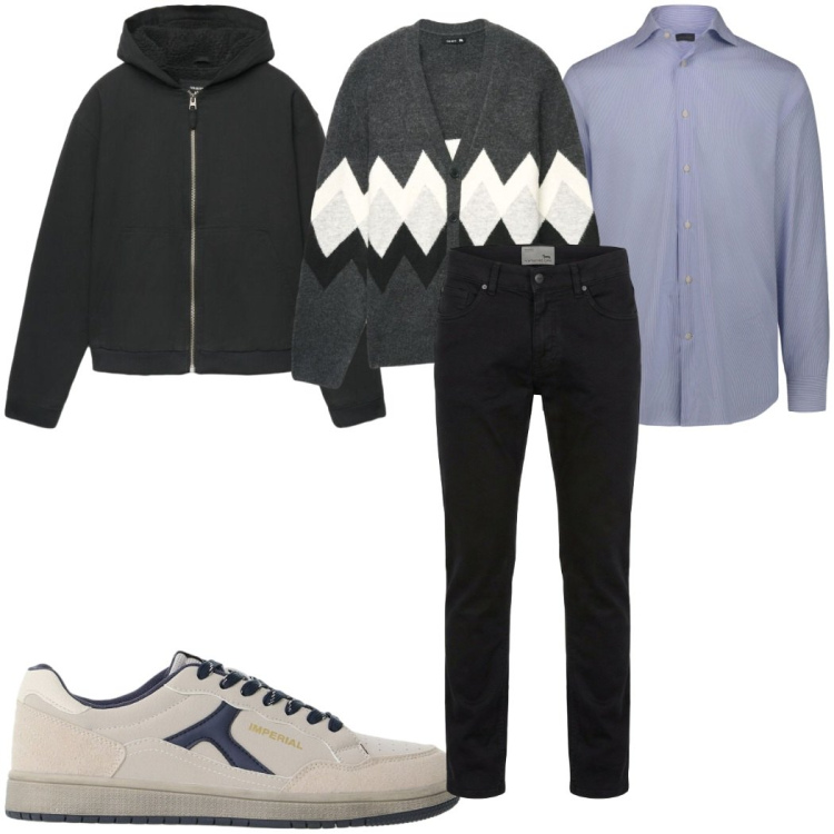 Outfit uomo - Layering urbano leggero grigio e nero. Stile Casual per Tutti i giorni. Abbinamento con pantaloni, sneakers, camicie, cardigans, giacche.