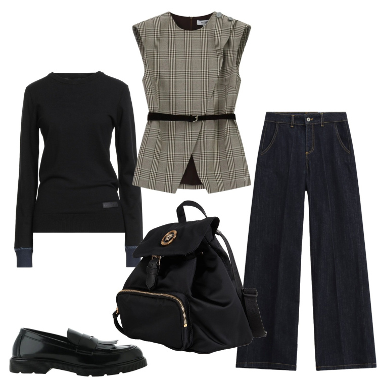 Outfit donna - Il mocassino stile college. Stile Casual chic per Ufficio. Abbinamento con zaini, pullovers, pantaloni a palazzo, mocassini, gilet.