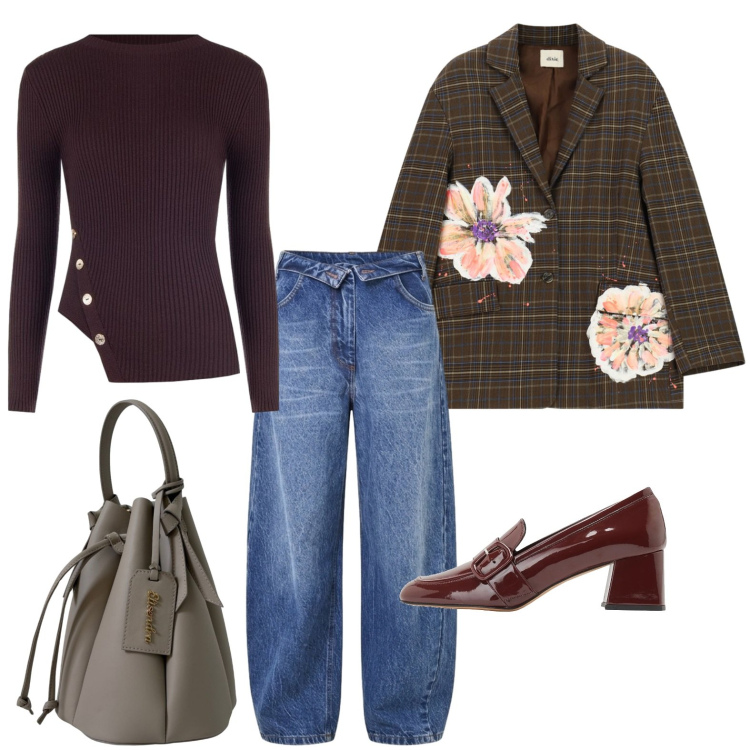Outfit donna - Al lavoro con il blazer ricamato. Stile Casual per Ufficio. Abbinamento con mocassini, blazer, jeans mom, t-shirt, borse a secchiello.