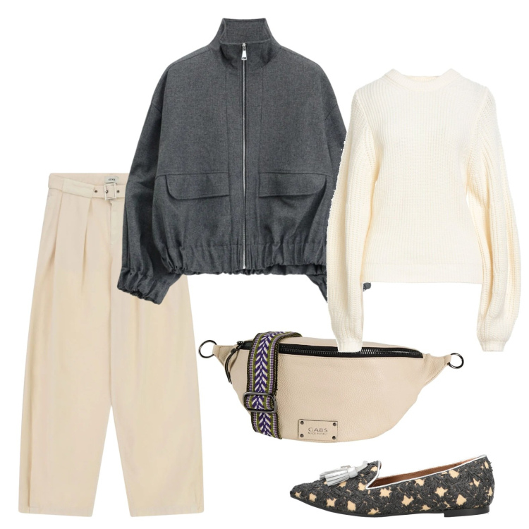 Outfit donna - Domenica in agriturismo. Stile Basic per Tutti i giorni. Abbinamento con mocassini, marsupi, pullovers, bomber, pantaloni a palazzo.