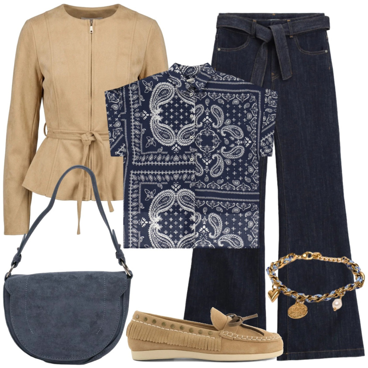Outfit donna - Dark denim per la domenica!. Stile Casual chic per Tutti i giorni. Abbinamento con jeans a zampa, camicie a manica corta, braccialetti, borse a spalla, blazer, mocassini.