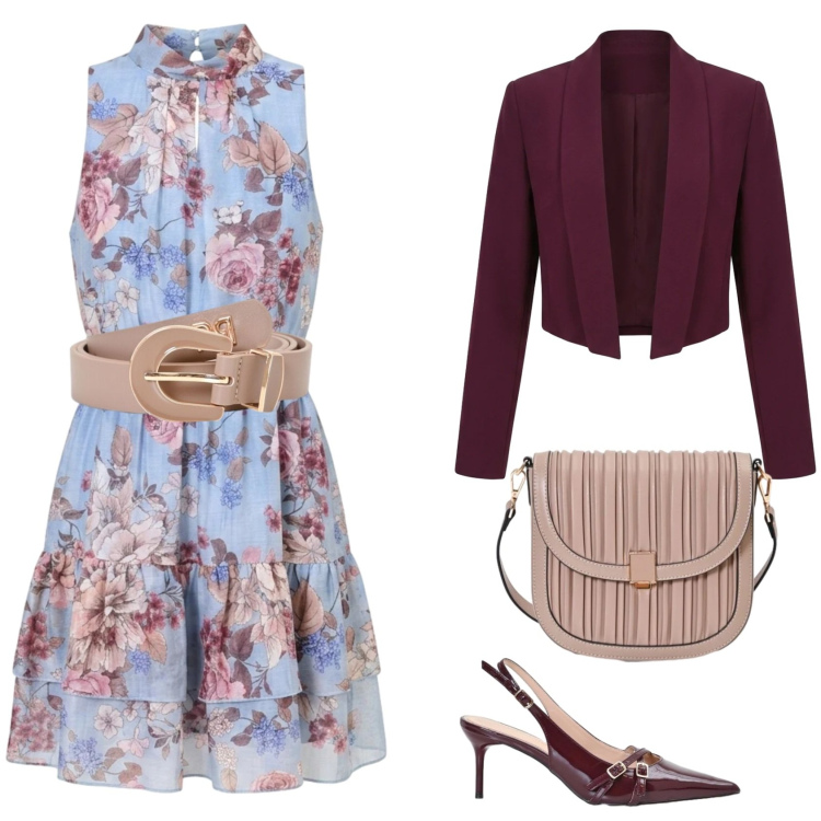 Outfit donna - Eleganza floreale. Stile Chic per Cerimonia. Abbinamento con vestiti corti, cinture, borse a tracolla, décolleté, blazer.