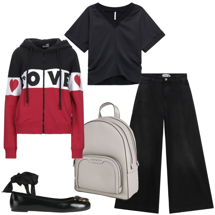Outfit donna - Casual Sunday. Stile Casual per Tutti i giorni. Abbinamento con zaini, ballerine, felpe con cappuccio, t-shirt, jeans.
