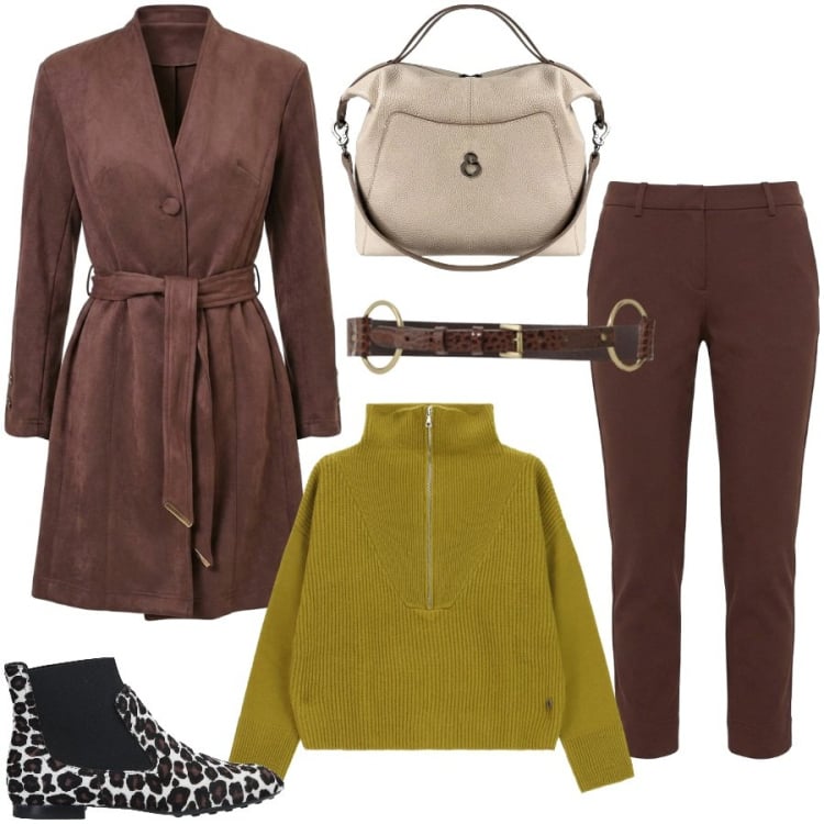 Outfit donna - In ufficio. Stile Casual chic per Ufficio. Abbinamento con stivaletti chelsea, pantaloni, cinture, maglieria, trench, borse a mano.