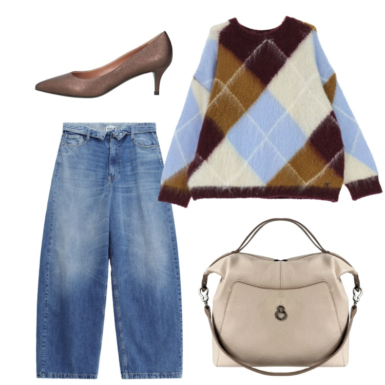Outfit donna - Il morbido pullover a rombi. Stile Casual per Ufficio. Abbinamento con décolleté, maglieria, jeans, borse a mano.