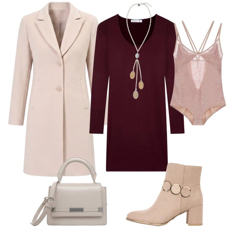 Outfit donna - Total look #2475728. Stile Bon Ton per Ufficio. Abbinamento con stivaletti, vestiti corti, borse a tracolla, body, collane, cappotti.