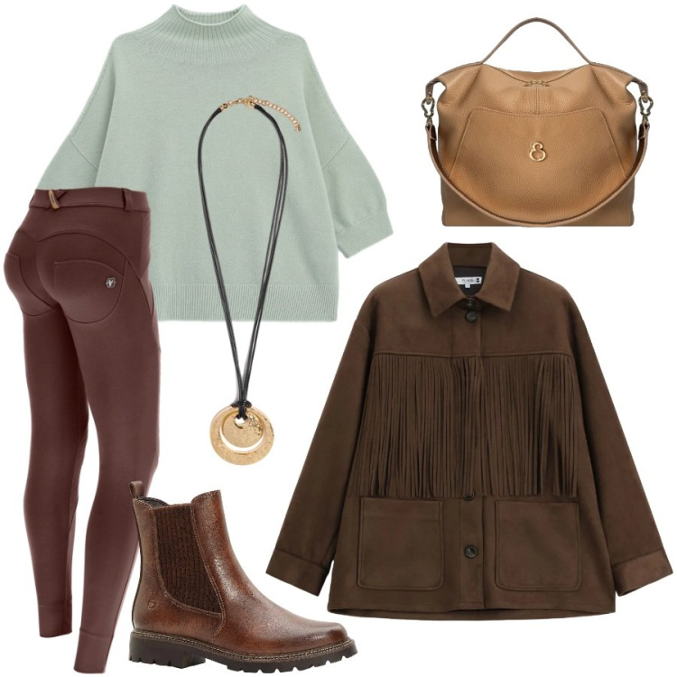 Outfit donna - Weekend. Stile Casual chic per Tutti i giorni. Abbinamento con stivaletti, pantaloni skinny, pullovers, cappotti, ciondoli, borse a mano.