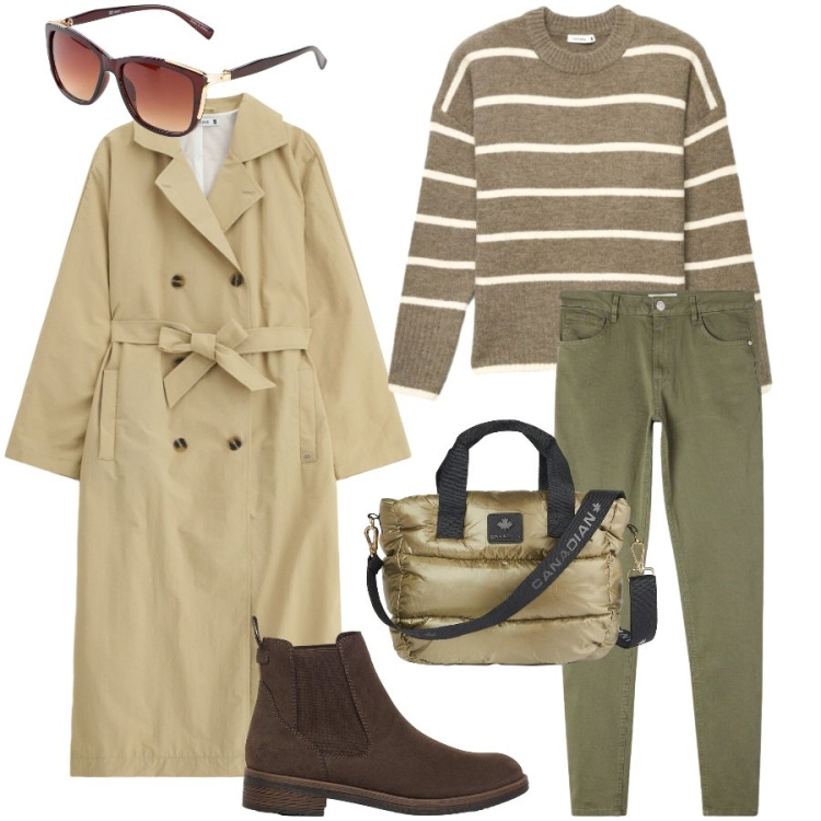 Outfit donna - English style. Stile Urban per Tutti i giorni. Abbinamento con occhiali da sole, stivaletti, pantaloni skinny, pullovers, trench, borse tote.