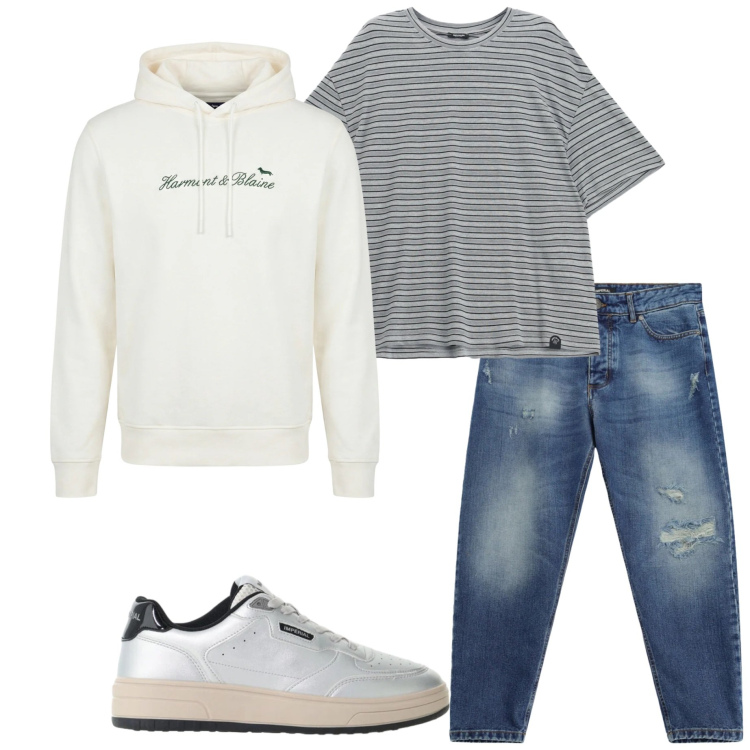 Outfit uomo - Casual a settembre. Stile Casual per Tutti i giorni. Abbinamento con jeans strappati, t-shirt, sneakers, felpe con cappuccio.