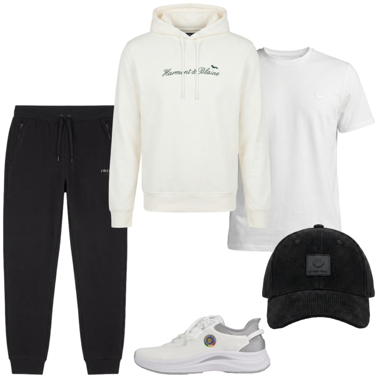 Outfit uomo - Total look #2475737. Stile Urban per Sport. Abbinamento con t-shirt, felpe con cappuccio, scarpe sportive, pantaloni, cappelli con visiera.