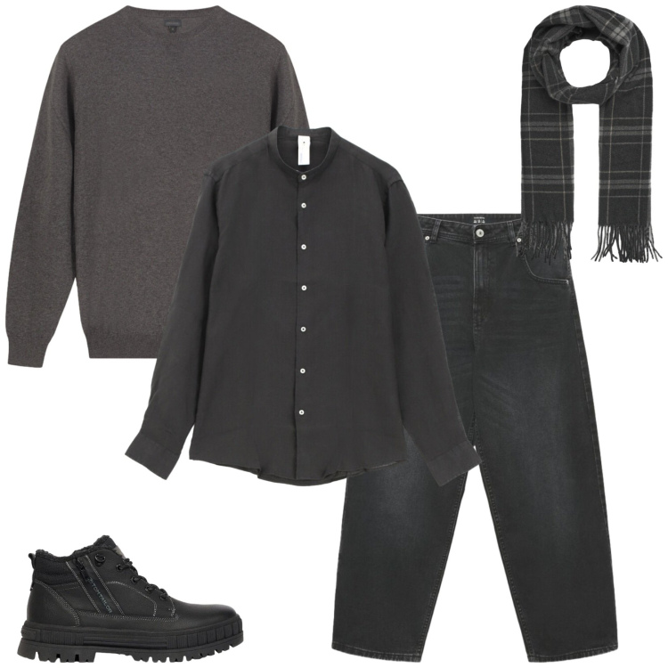 Outfit uomo - Total look #2475738. Stile Urban per Tutti i giorni. Abbinamento con camicie, maglieria, sciarpe, jeans, stivali e stivaletti.