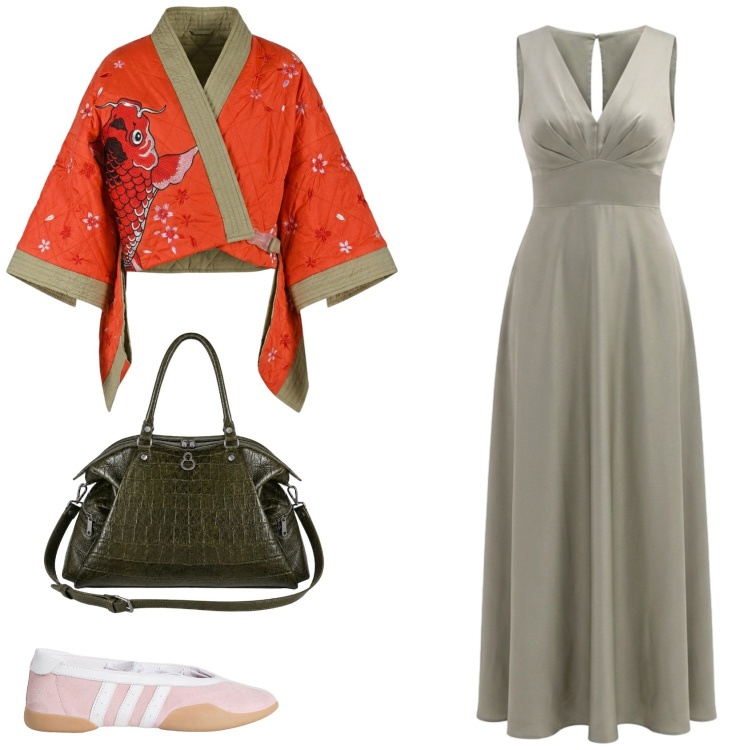 Outfit donna - Sogno d\'oriente in campagna. Stile Urban per Tutti i giorni. Abbinamento con ballerine, vestiti lunghi, kimono, shopping bag.