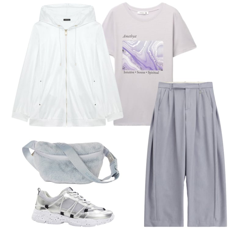 Outfit donna - Total look #2475740. Stile Sporty chic per Tutti i giorni. Abbinamento con sneakers, t-shirt, pantaloni a palazzo, marsupi, felpe con cappuccio.