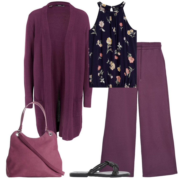 Outfit donna - Total look #2475742. Stile Casual chic per Tutti i giorni. Abbinamento con cardigans, top, borse a mano, pantaloni, sandali.