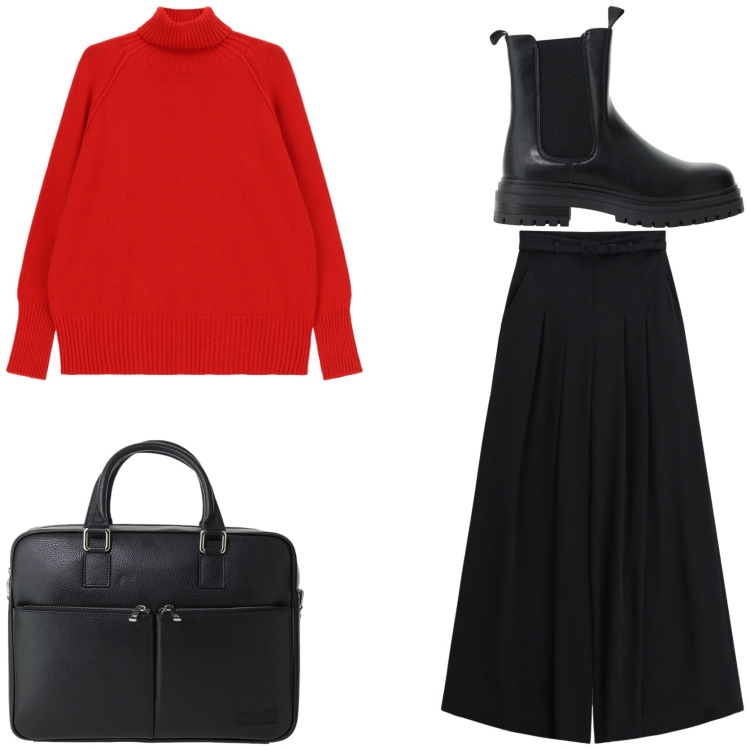 Outfit donna - Passion Red in ufficio. Stile Casual chic per Ufficio. Abbinamento con pantaloni a palazzo, pullovers, stivaletti chelsea, borse messenger.