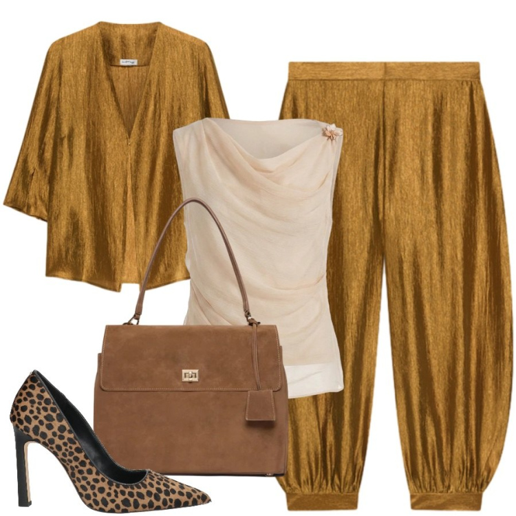 Outfit donna - Un evento speciale. Stile Glamour per Cerimonia. Abbinamento con décolleté, top, pantaloni, blazer, borse a mano.