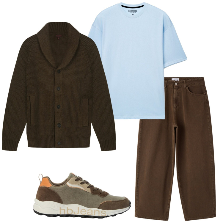 Outfit uomo - Fine settembre. Stile Casual per Tutti i giorni. Abbinamento con sneakers, cardigans, t-shirt, pantaloni.