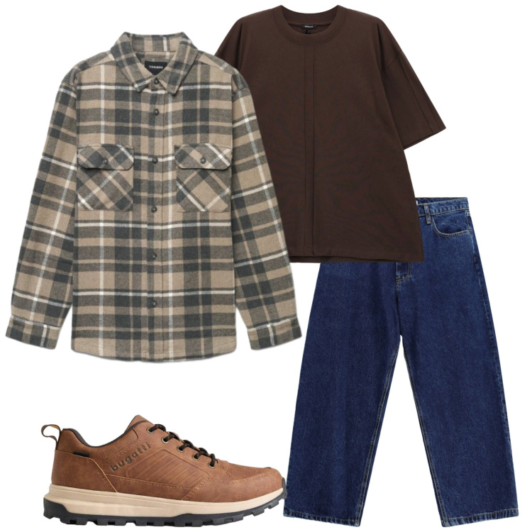 Outfit uomo - Layering autunnale. Stile Casual per Tutti i giorni. Abbinamento con jeans, t-shirt, camicie, sneakers.