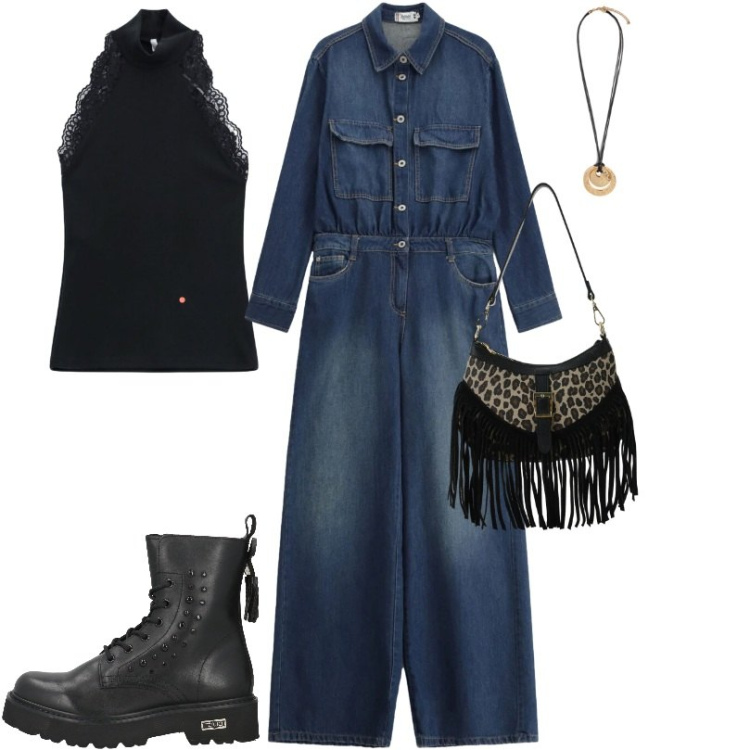 Outfit donna - La tuta indossata semi aperta. Stile Trendy per Tutti i giorni. Abbinamento con anfibi, borse a spalla, top, tute, ciondoli.