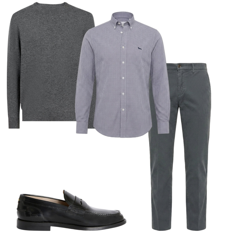 Outfit uomo - Autunno in ufficio. Stile Business/Elegante per Ufficio. Abbinamento con pantaloni, camicie, scarpe stringate, maglieria.