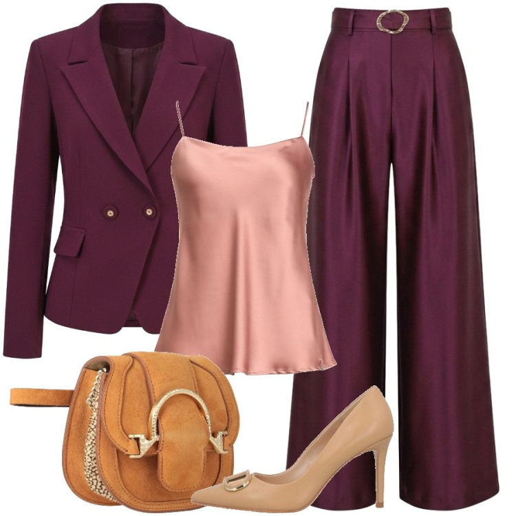 Outfit donna - Total look #2475758. Stile Sporty chic per Cerimonia. Abbinamento con marsupi, top, décolleté, pantaloni a palazzo, blazer.