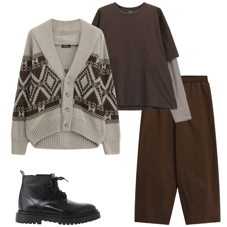 Outfit uomo - Imperial style. Stile Casual per Tutti i giorni. Abbinamento con t-shirt, cardigans, anfibi, pantaloni a palazzo.