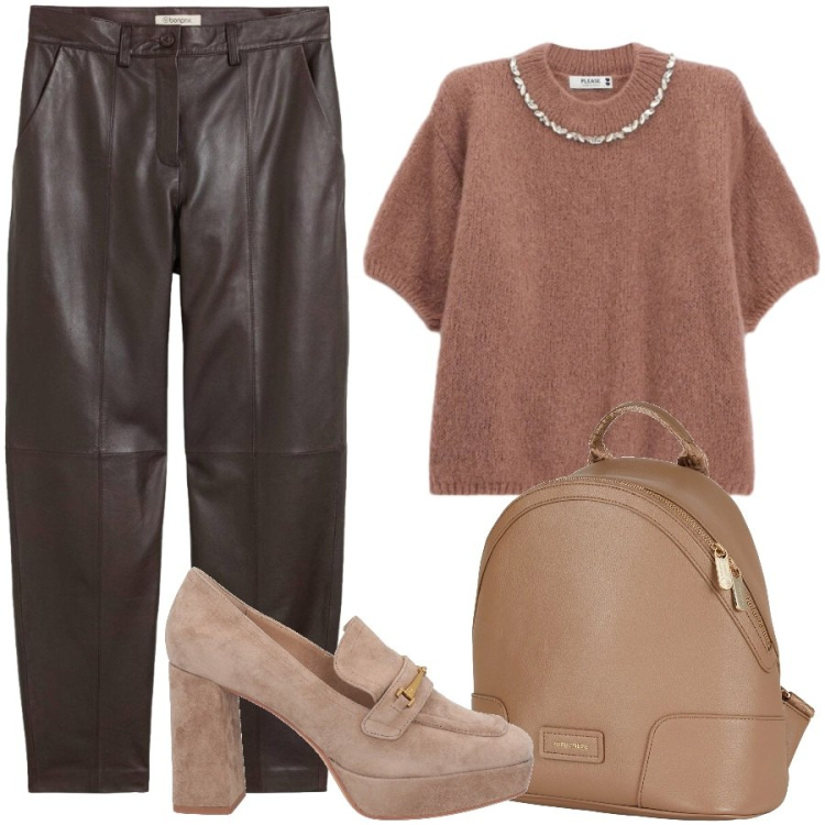 Outfit donna - Mocassino tacco alto. Stile Trendy per Ufficio. Abbinamento con zaini, mocassini, pantaloni, maglieria.