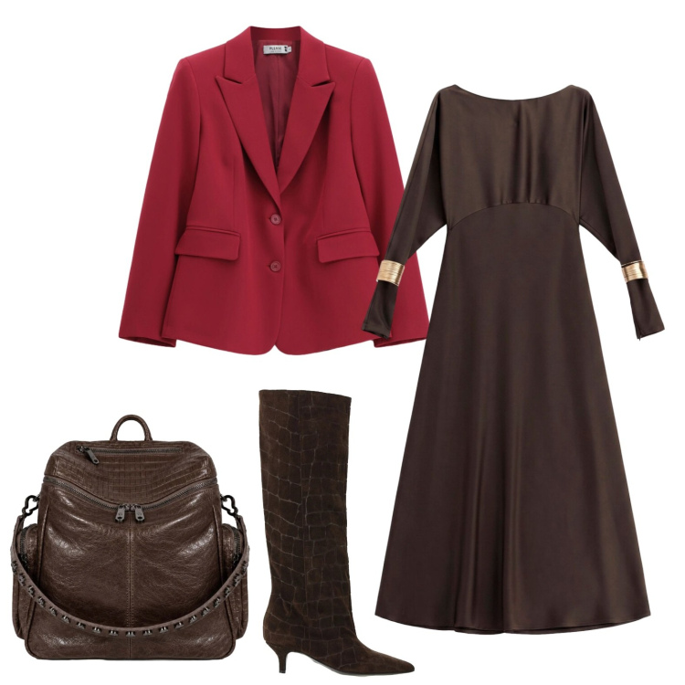 Outfit donna - Al lavoro con il blazer rosso. Stile Chic per Ufficio. Abbinamento con vestiti lunghi, stivali, blazer, zaini.