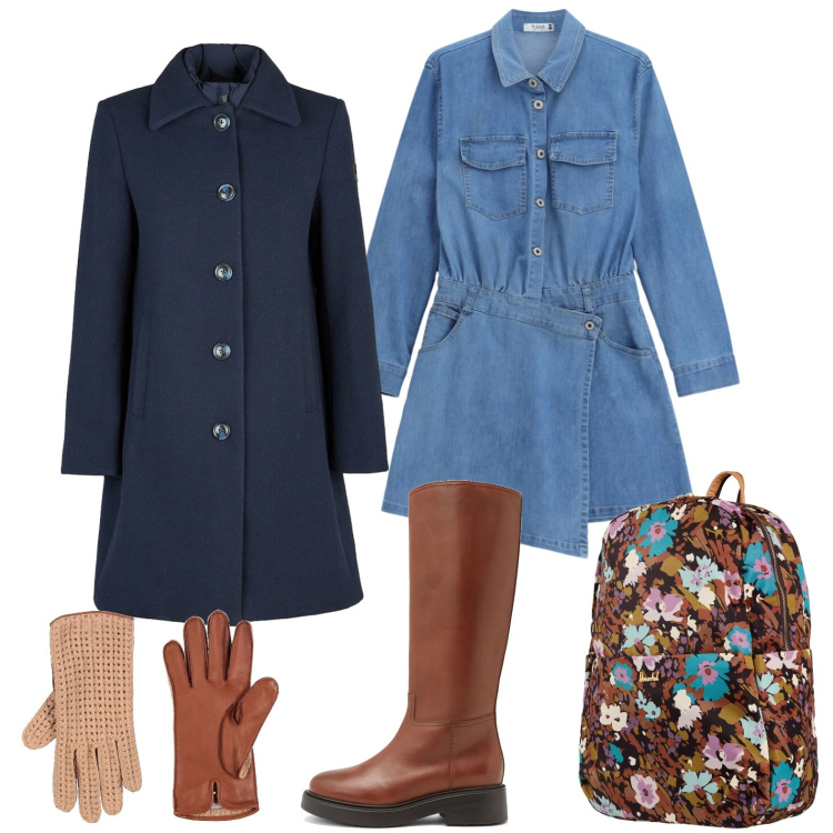 Outfit donna - Abitino di jeans. Stile Casual per Scuola/Università. Abbinamento con stivali, guanti, valigie, vestiti asimmetrici, cappotti.