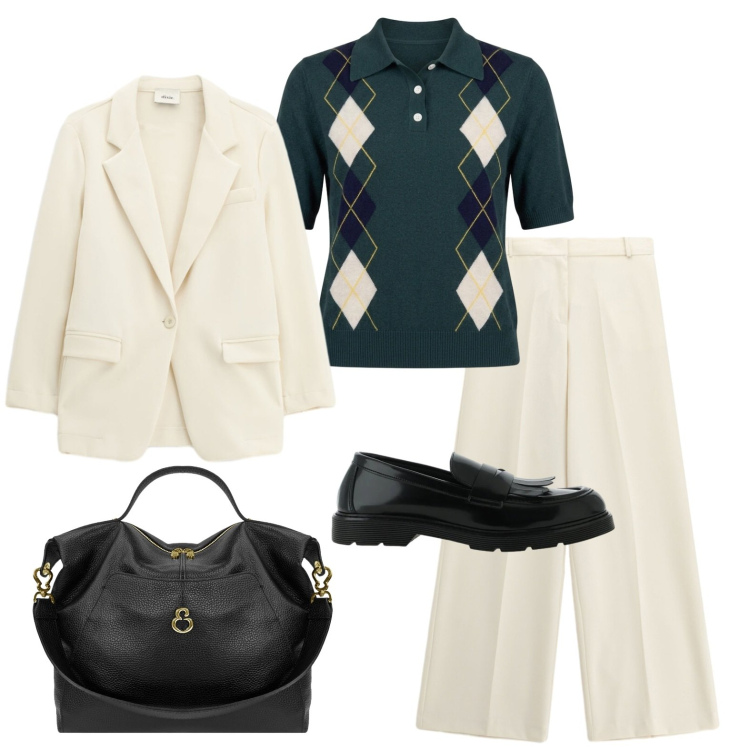 Outfit donna - Il tailleur color avorio. Stile Casual chic per Ufficio. Abbinamento con maglieria, pantaloni a palazzo, borse a spalla, mocassini, blazer.