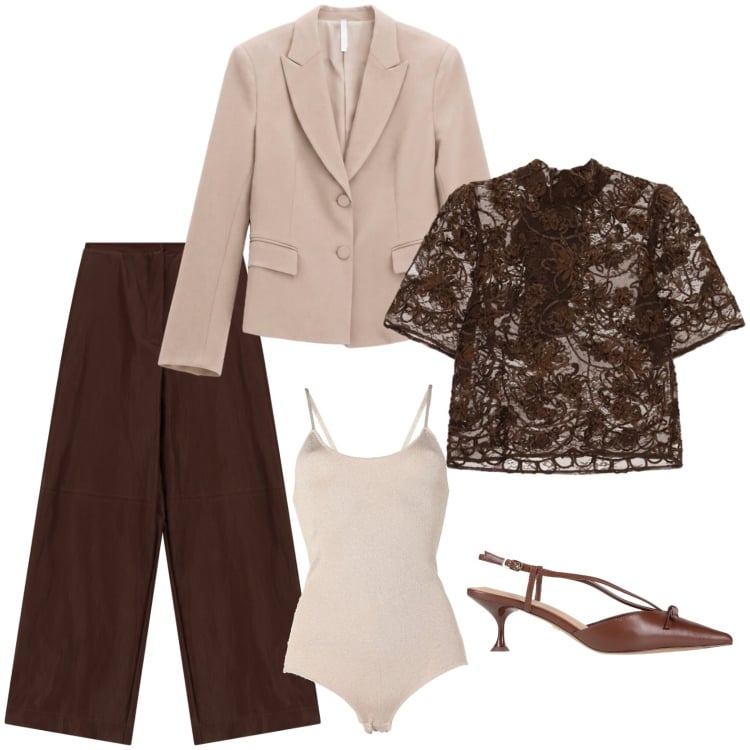 Outfit donna - Cerimonia di fine settembre. Stile Chic per Cerimonia. Abbinamento con décolleté, body, top, blazer, pantaloni a palazzo.
