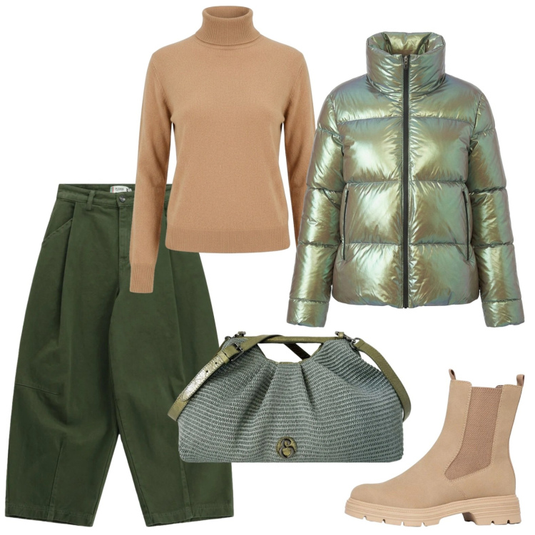 Outfit donna - Gita in montagna. Stile Casual per Tutti i giorni. Abbinamento con stivaletti, pantaloni, pullovers, piumini, clutch.