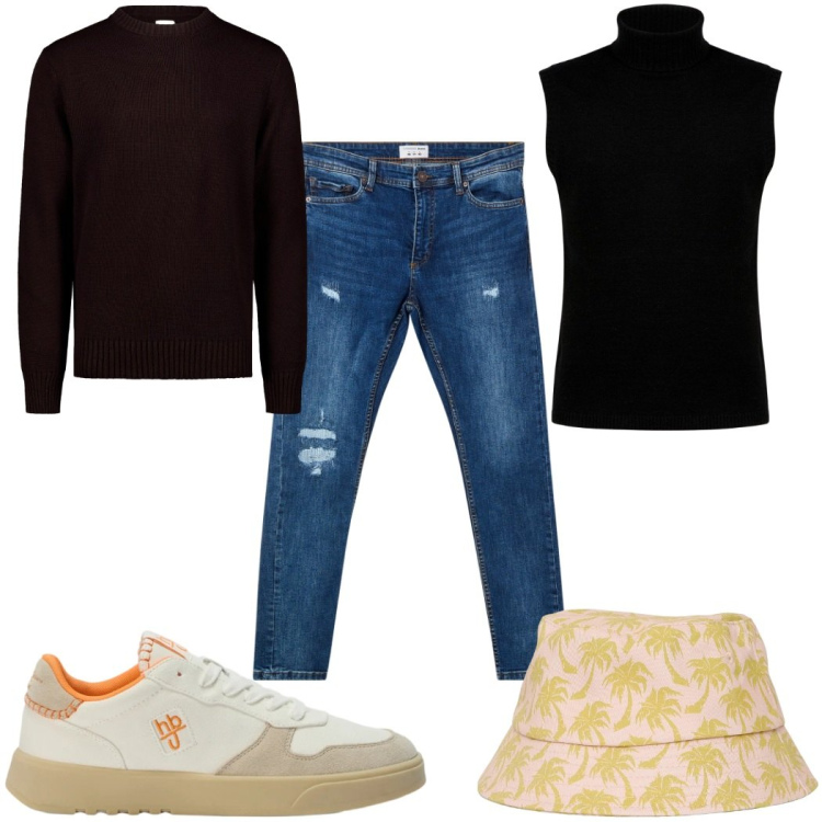 Outfit uomo - Total look #2475785. Stile Casual per Tutti i giorni. Abbinamento con sneakers, maglieria, gilet, jeans strappati, cappelli con visiera.