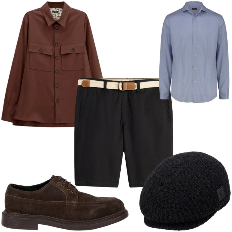 Outfit uomo - Total look #2475787. Stile Casual per Tutti i giorni. Abbinamento con cappotti, camicie, scarpe stringate, cappelli e berretti, bermuda.