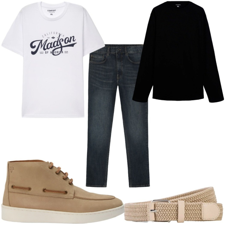Outfit uomo - Total look #2475788. Stile Casual per Tutti i giorni. Abbinamento con stivali e stivaletti, jeans, t-shirt, t-shirt, cinture.