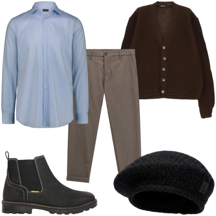 Outfit uomo - Total look #2475790. Stile Casual per Tutti i giorni. Abbinamento con pantaloni, cardigans, camicie, cappelli e berretti, stivali e stivaletti.