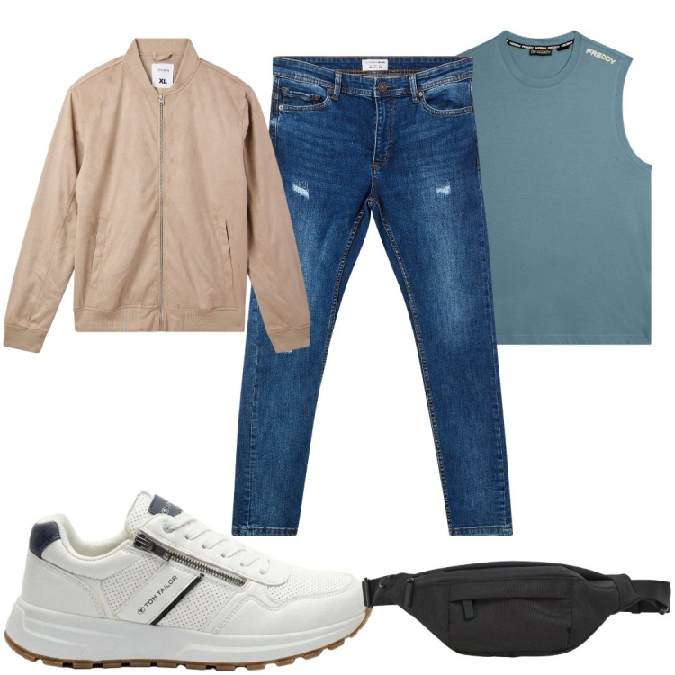 Outfit uomo - Total look #2475792. Stile Casual per Tutti i giorni. Abbinamento con canottiere, jeans strappati, bomber, borse sportive, sneakers.