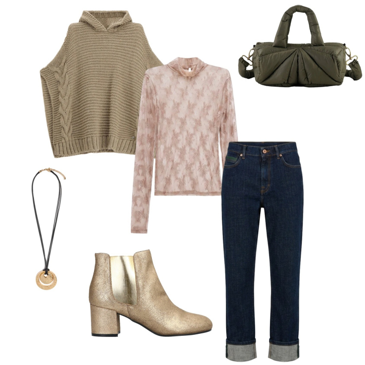 Outfit donna - In cerca di nuove idee. Stile Casual chic per Tutti i giorni. Abbinamento con stivaletti chelsea, jeans dritti, t-shirt, maglieria, borse a mano, ciondoli.