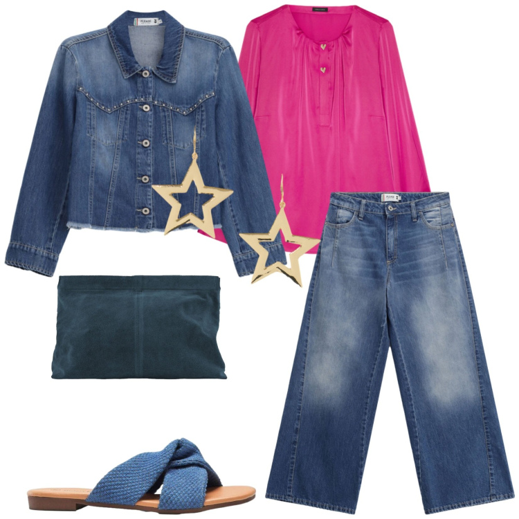 Outfit donna - Settembre. Stile Casual per Tutti i giorni. Abbinamento con ciabatte, pochette, jeans, blazer, bluse, orecchini.