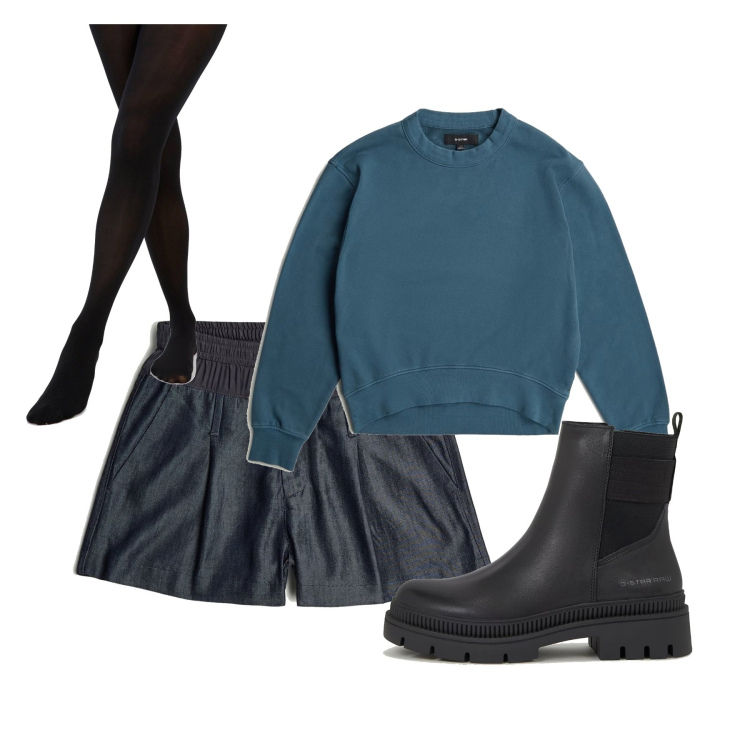 Outfit femme - Le short en mi saison. Style Sporty chic pour Bureau. Assortir avec short, sweat-shirts, bottes, collants.