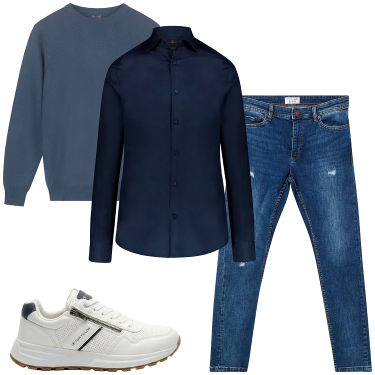 Outfit uomo - Total look #2475802. Stile Trendy per Tutti i giorni. Abbinamento con camicie, maglieria, jeans strappati, sneakers.