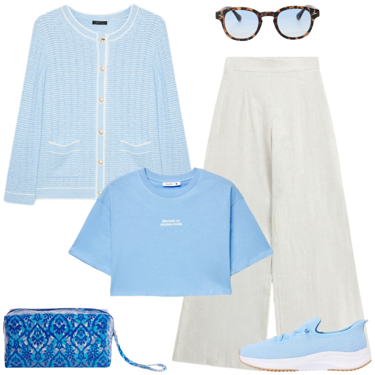 Outfit donna - Domenica fuori porta. Stile Casual per Tutti i giorni. Abbinamento con sneakers, valigie, t-shirt, pantaloni a palazzo, occhiali da sole, cardigans.