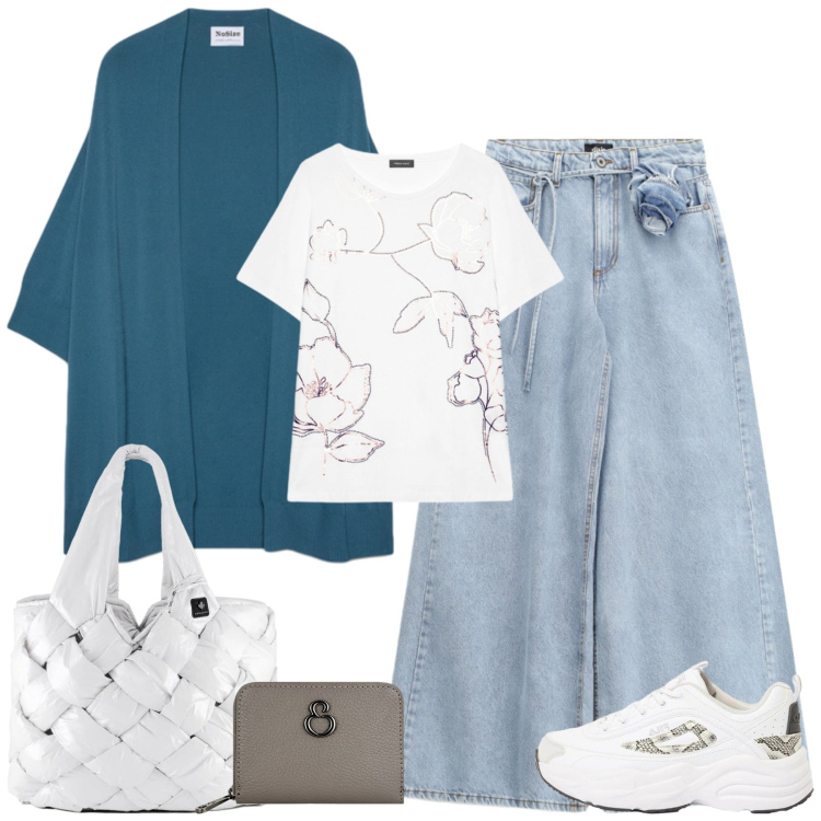 Outfit donna - Weekend fuori porta. Stile Casual per Tutti i giorni. Abbinamento con sneakers, jeans, borse tote, cardigans, t-shirt, portafogli.