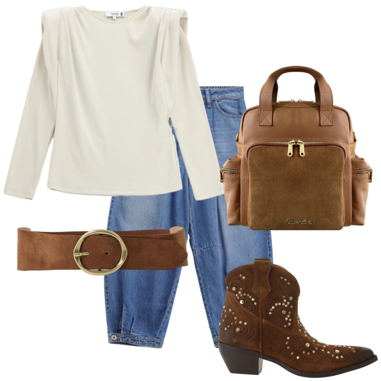 Outfit donna - Total look #2475816. Stile Etnico per Tutti i giorni. Abbinamento con t-shirt, jeans, stivaletti texani, cinture, zaini.