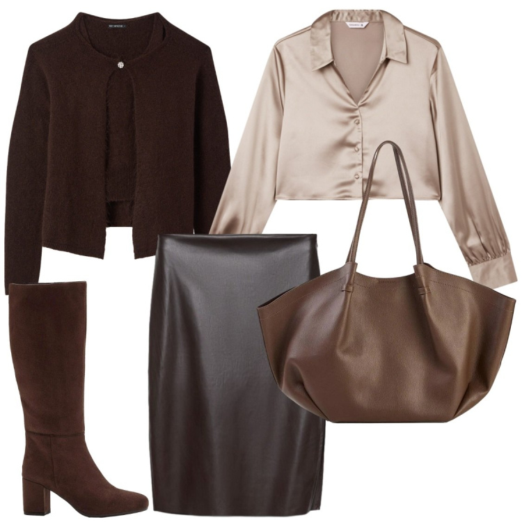 Outfit donna - Total look #2475819. Stile Chic per Ufficio. Abbinamento con stivali, shopping bag, cardigans, gonne longuette, camicie.